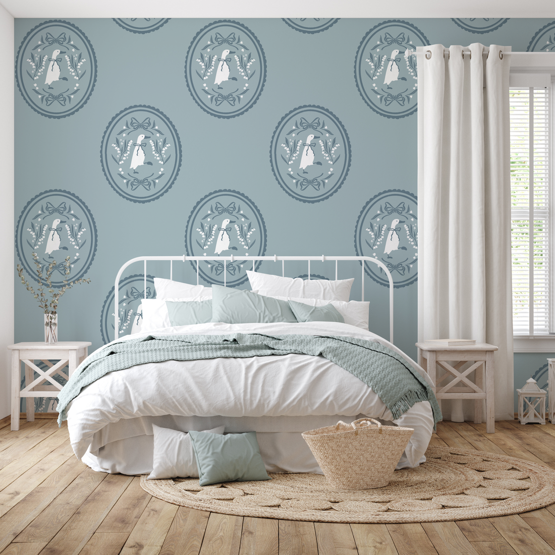 Gemima vintage-inspired wallpaper featuring blue, white, and pink floral patterns