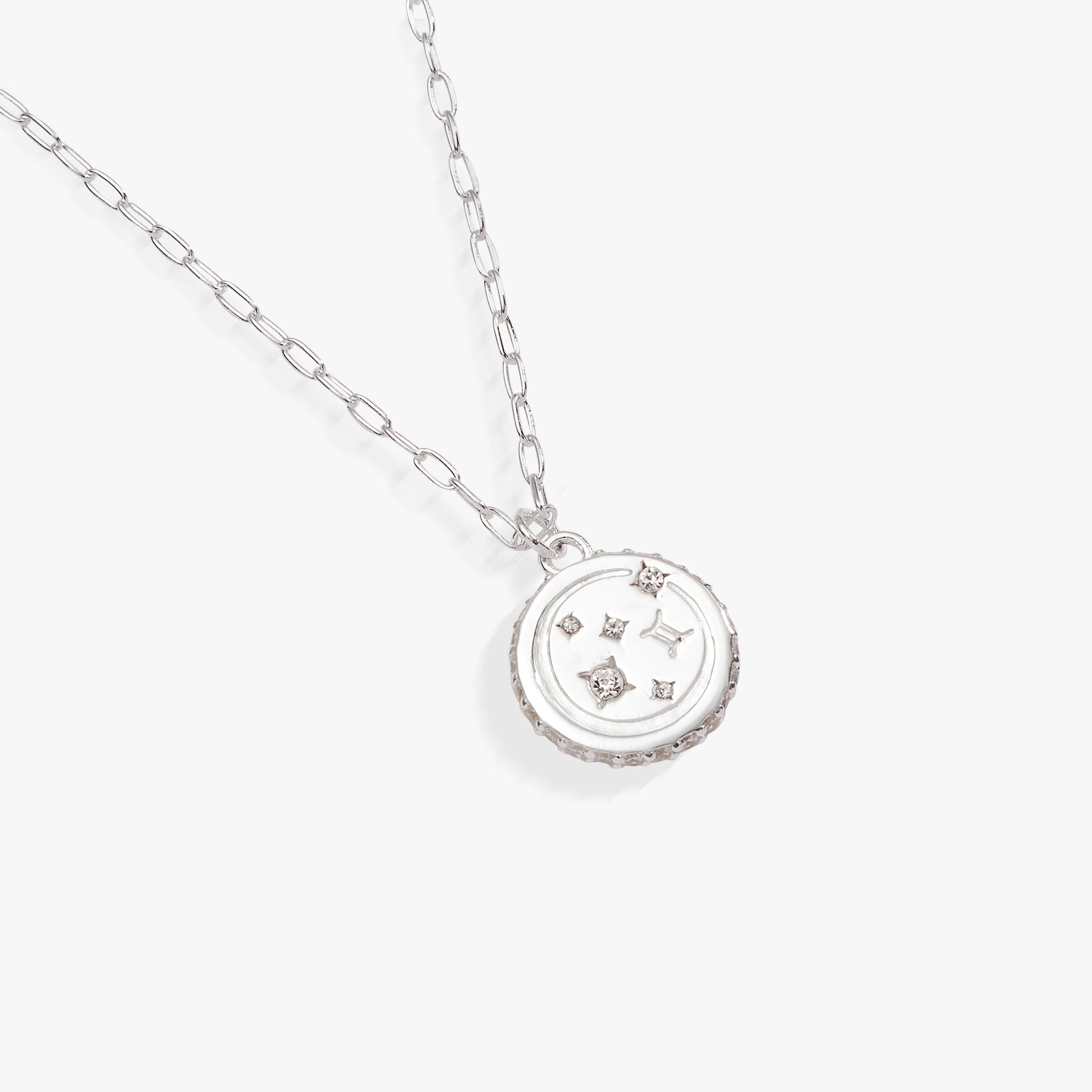 Gemini Zodiac Charm Necklace in Silver with Crystal Accents