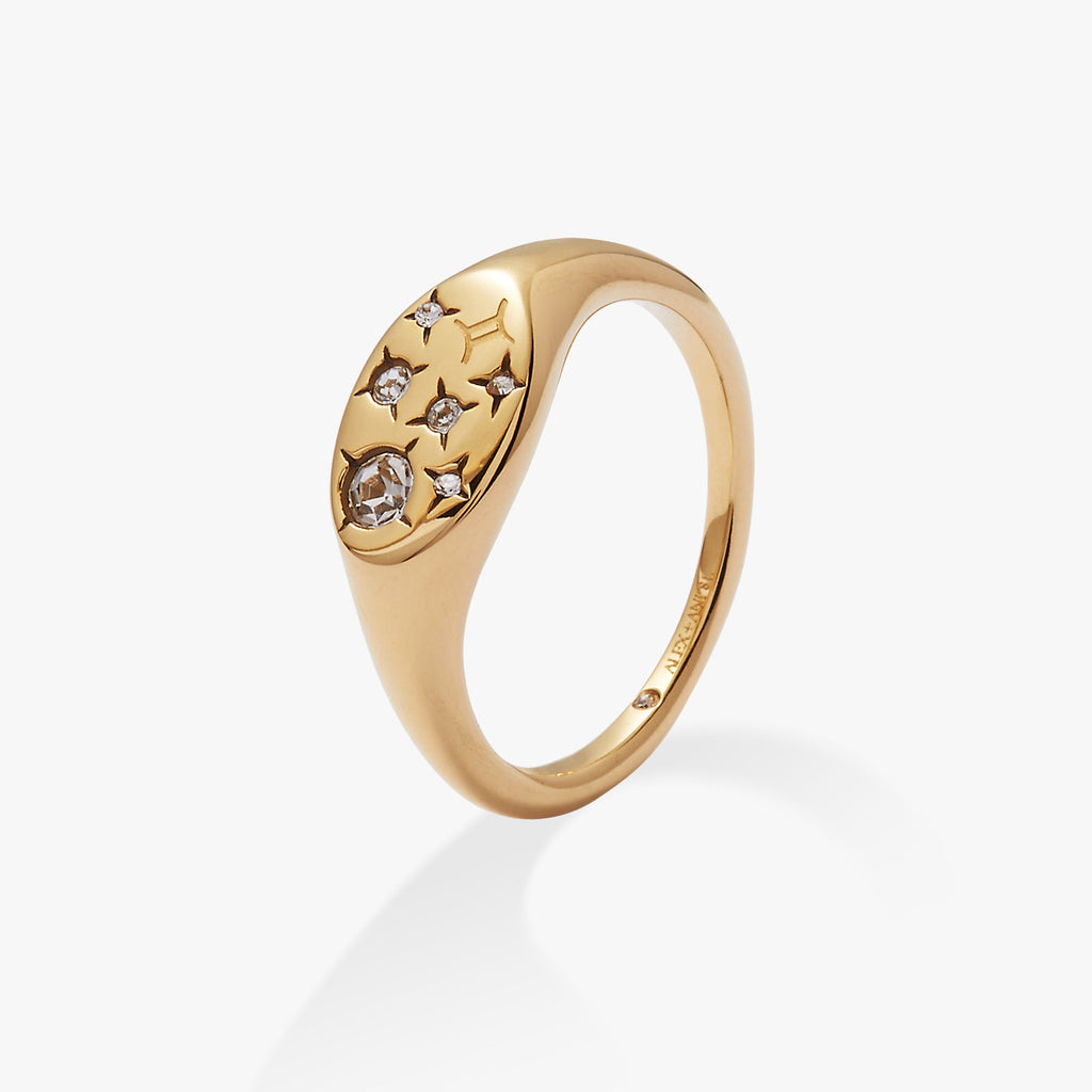 Gemini Zodiac Signet Ring in Gold-Plated Finish with Crystals