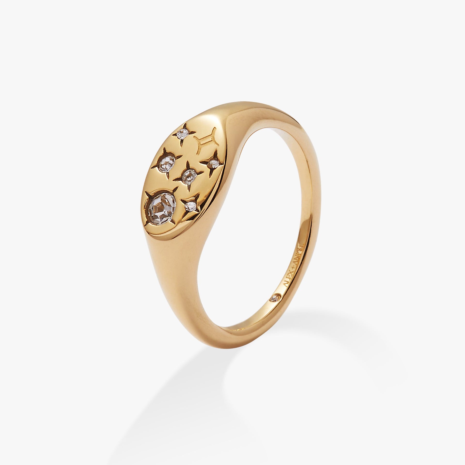 Gemini Zodiac Signet Ring in Gold-Plated Finish with Crystals