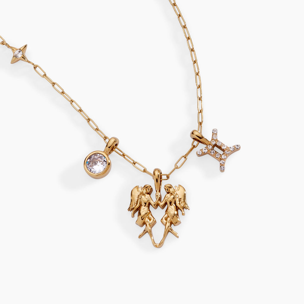Gemini Zodiac Charm Cluster Necklace in Gold-Plated Stainless Steel