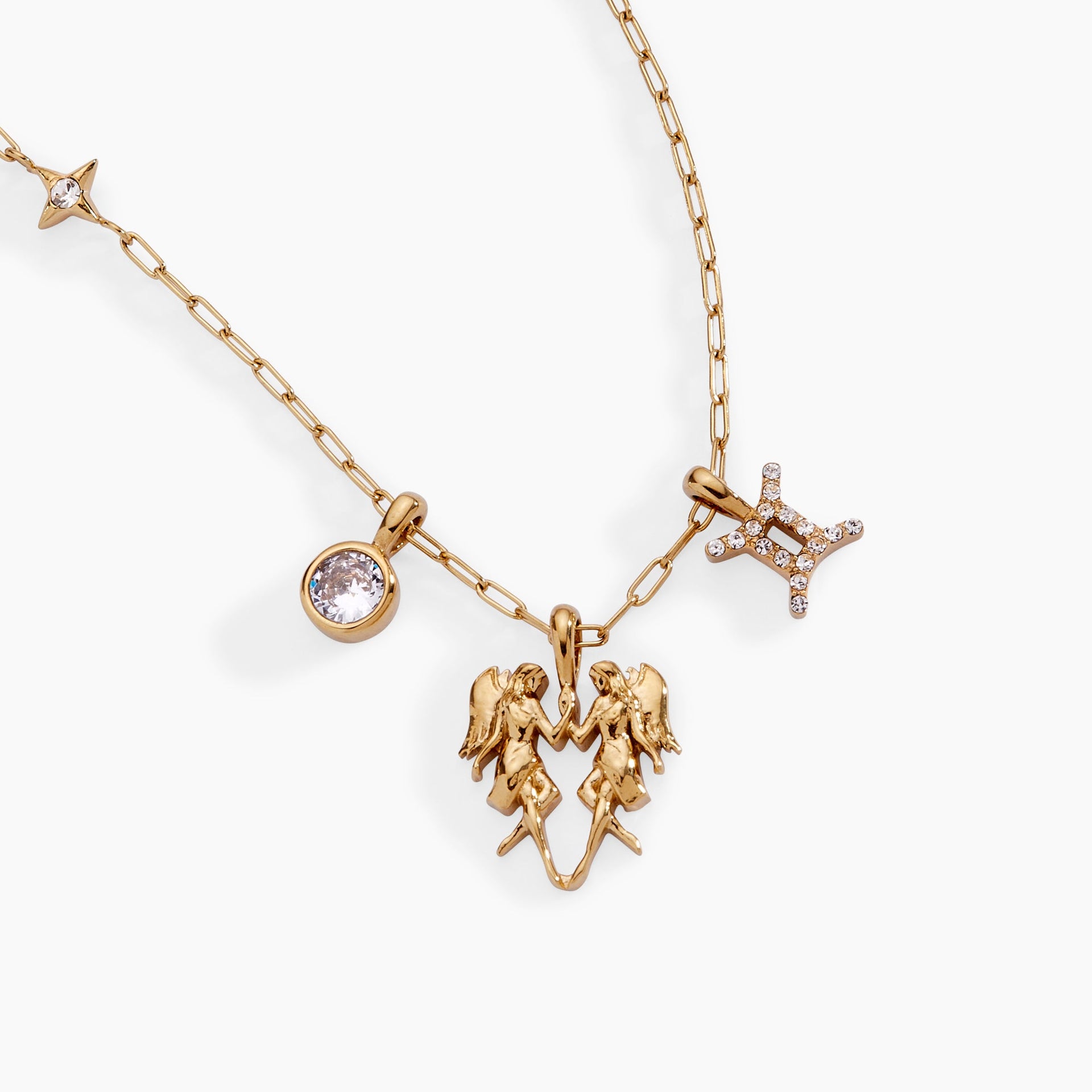 Gemini Zodiac Charm Cluster Necklace in Gold-Plated Stainless Steel