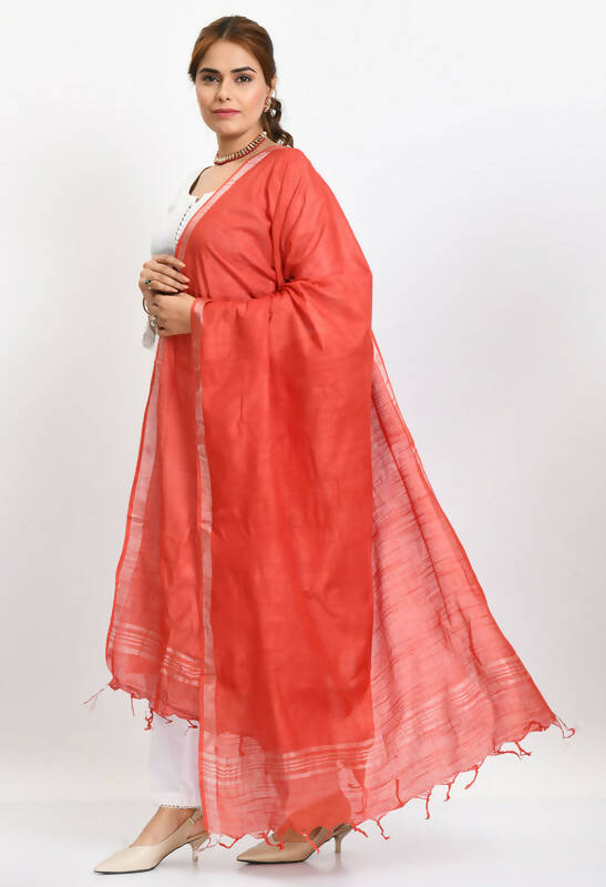 Red Linen Cotton Dupatta with Shimmering Silver Border