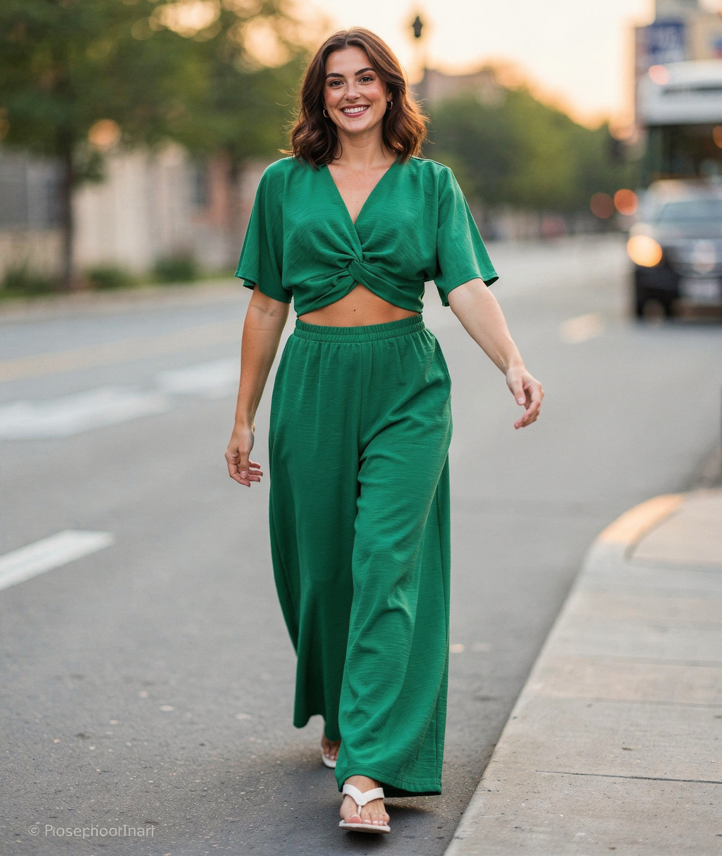 Woman in a green outfit walking on a street