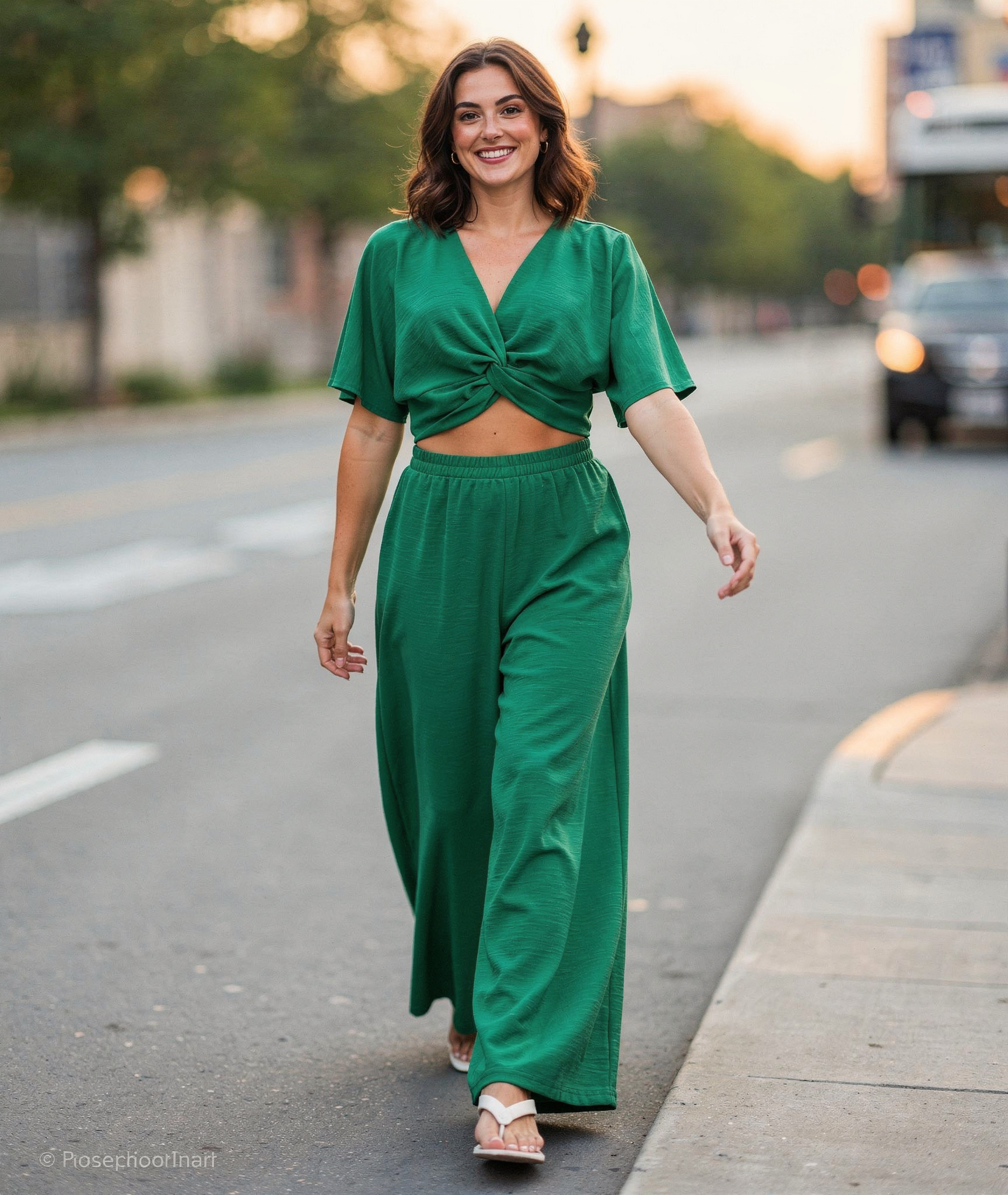 Woman in a green outfit walking on a street