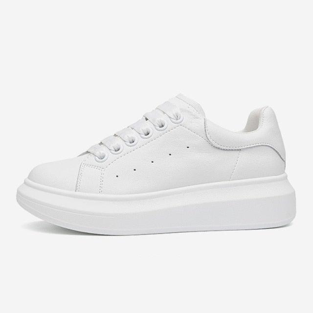 Genuine Leather Platform Sneakers Women's White Lace Up Flats