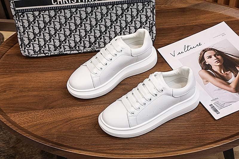 Genuine Leather Platform Sneakers Women's White Lace Up Flats
