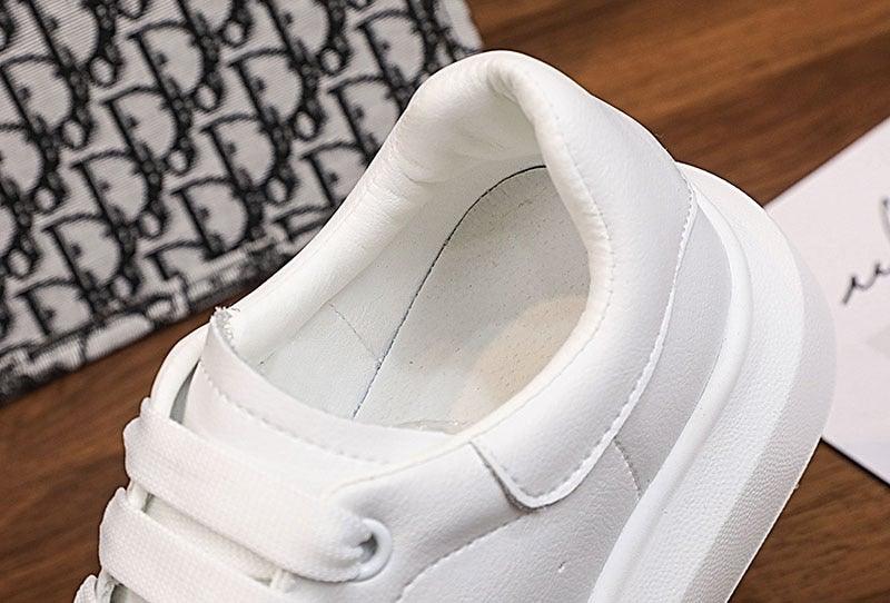 Genuine Leather Platform Sneakers Women's White Lace Up Flats