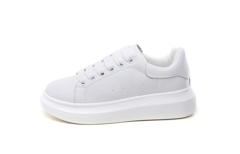 Genuine Leather Platform Sneakers Women's White Lace Up Flats
