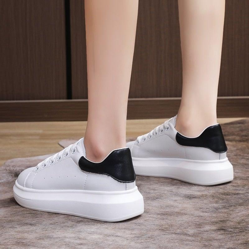 Genuine Leather Platform Sneakers Women's White Lace Up Flats