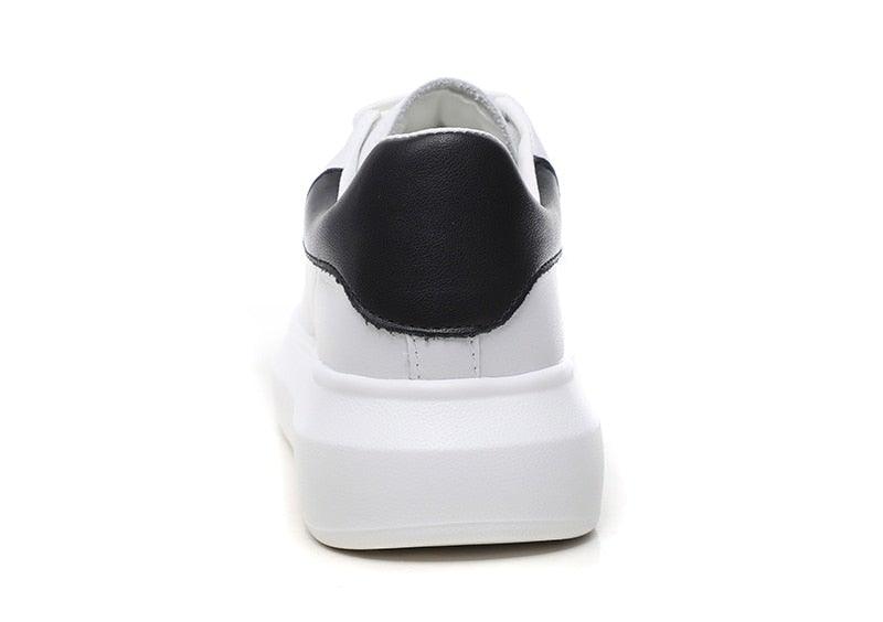 Genuine Leather Platform Sneakers Women's White Lace Up Flats