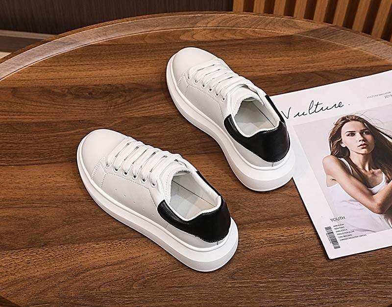 Genuine Leather Platform Sneakers Women's White Lace Up Flats