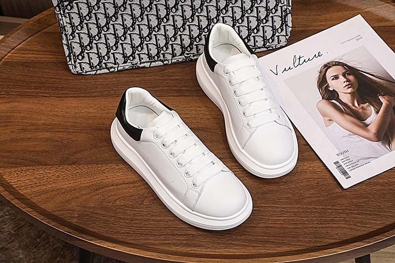 Genuine Leather Platform Sneakers Women's White Lace Up Flats