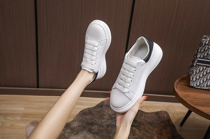 Genuine Leather Platform Sneakers Women's White Lace Up Flats