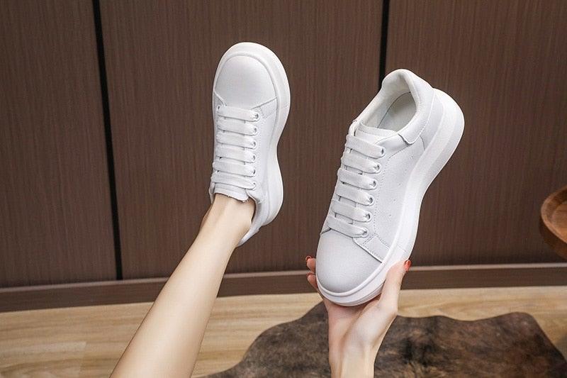 Genuine Leather Platform Sneakers Women's White Lace Up Flats