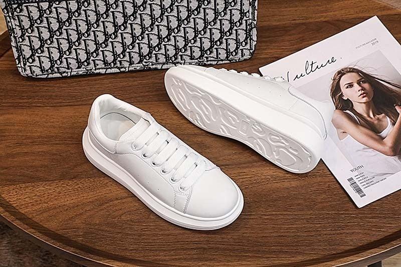 Genuine Leather Platform Sneakers Women's White Lace Up Flats