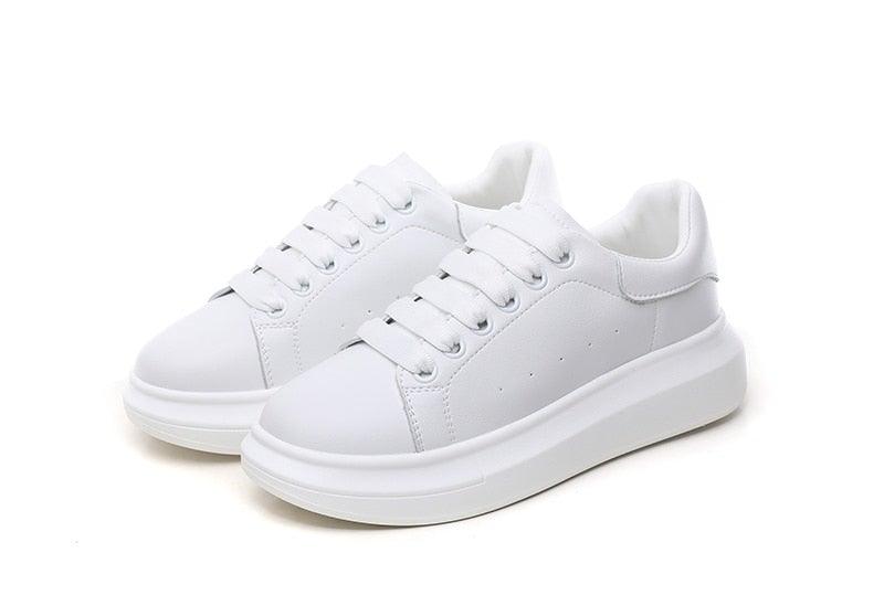 Genuine Leather Platform Sneakers Women's White Lace Up Flats
