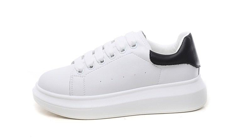 Genuine Leather Platform Sneakers Women's White Lace Up Flats