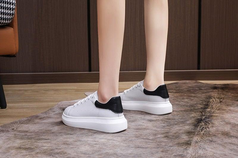 Genuine Leather Platform Sneakers Women's White Lace Up Flats