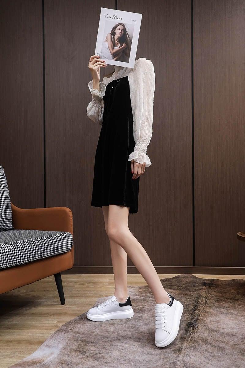 Genuine Leather Platform Sneakers Women's White Lace Up Flats