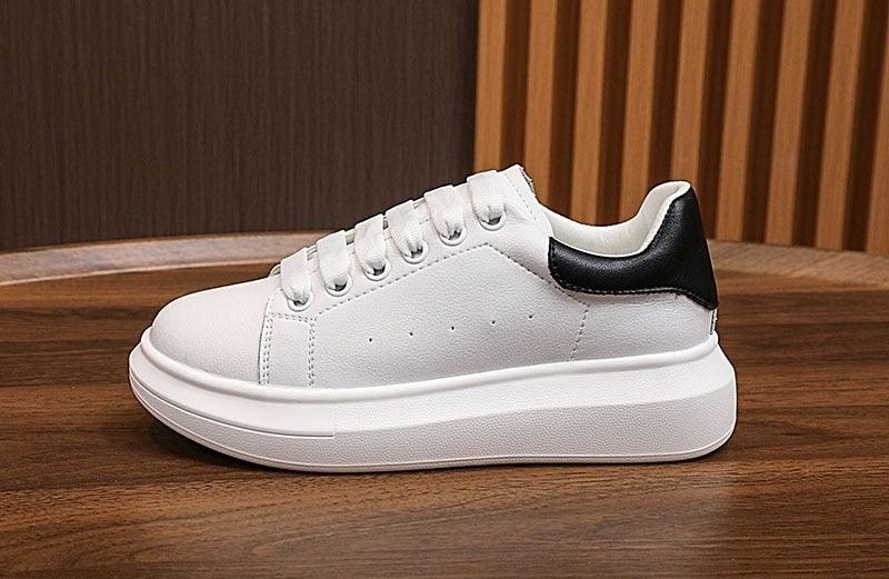 Genuine Leather Platform Sneakers Women's White Lace Up Flats