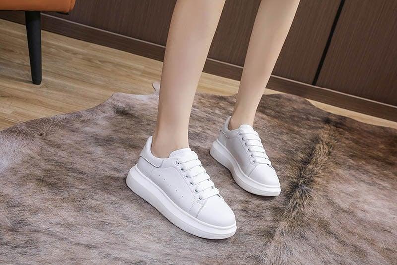 Genuine Leather Platform Sneakers Women's White Lace Up Flats