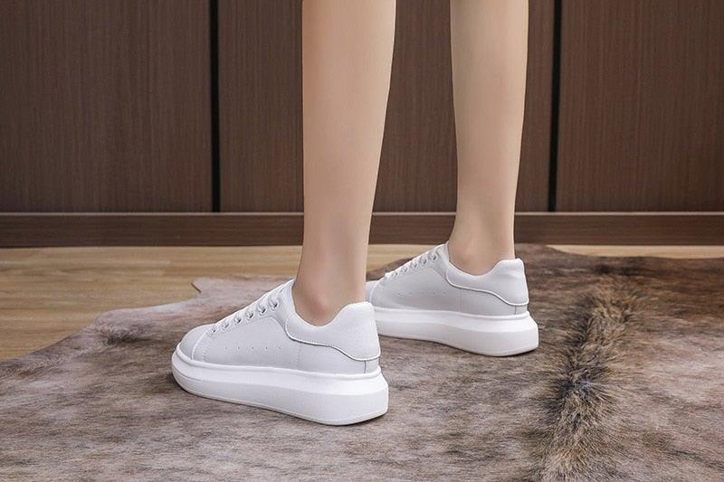 Genuine Leather Platform Sneakers Women's White Lace Up Flats