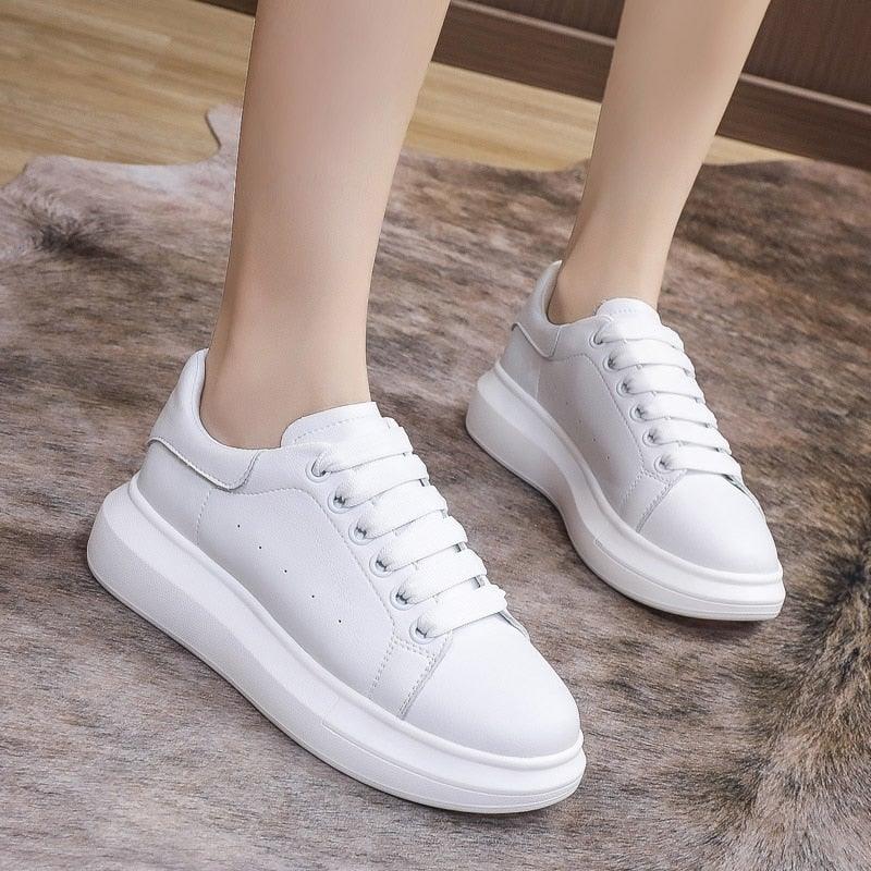 Stevvex women's white genuine leather platform sneakers with lace-up design