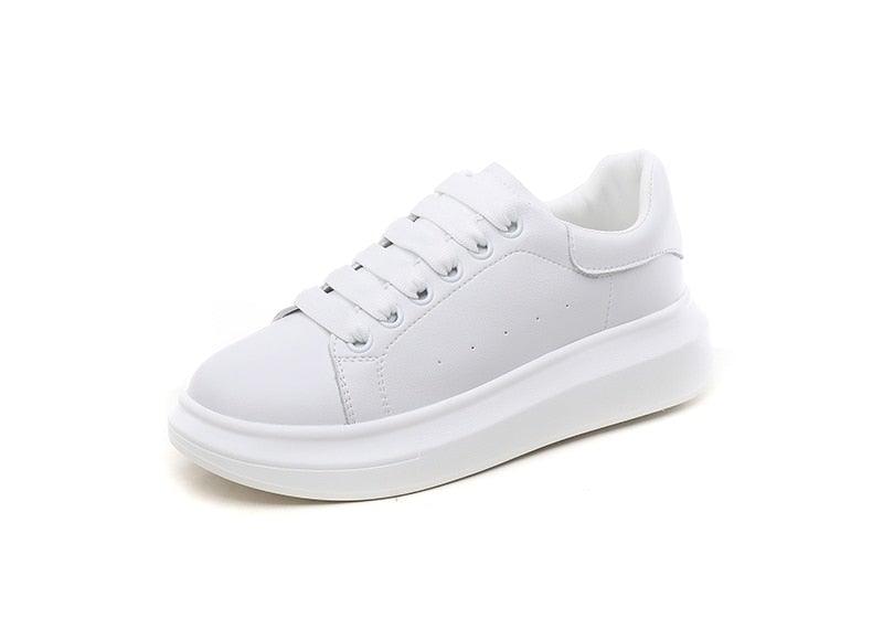 Genuine Leather Platform Sneakers Women's White Lace Up Flats