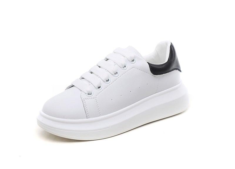Genuine Leather Platform Sneakers Women's White Lace Up Flats
