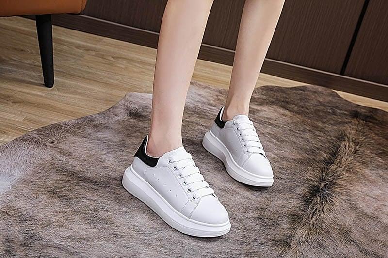 Genuine Leather Platform Sneakers Women's White Lace Up Flats