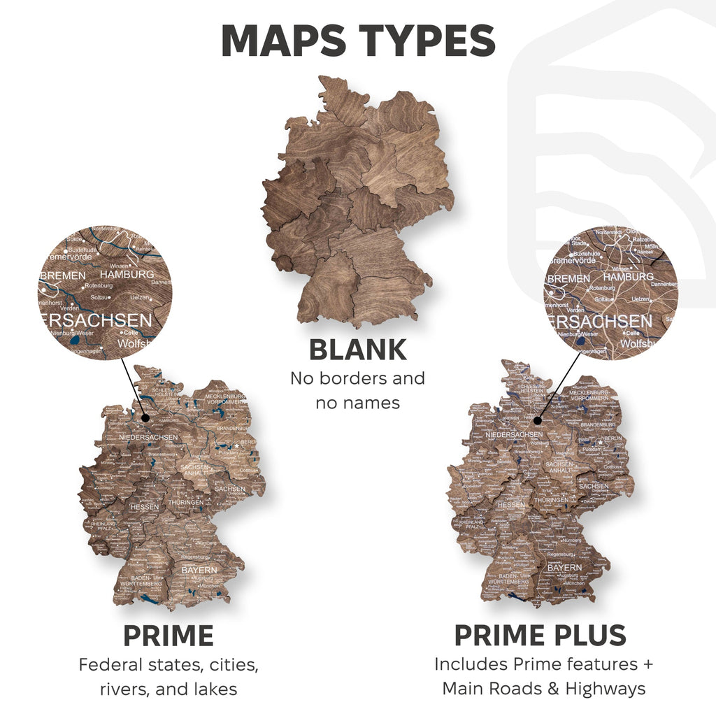 3D Germany Wooden Map in Dark Walnut - Detailed Wall Decor
