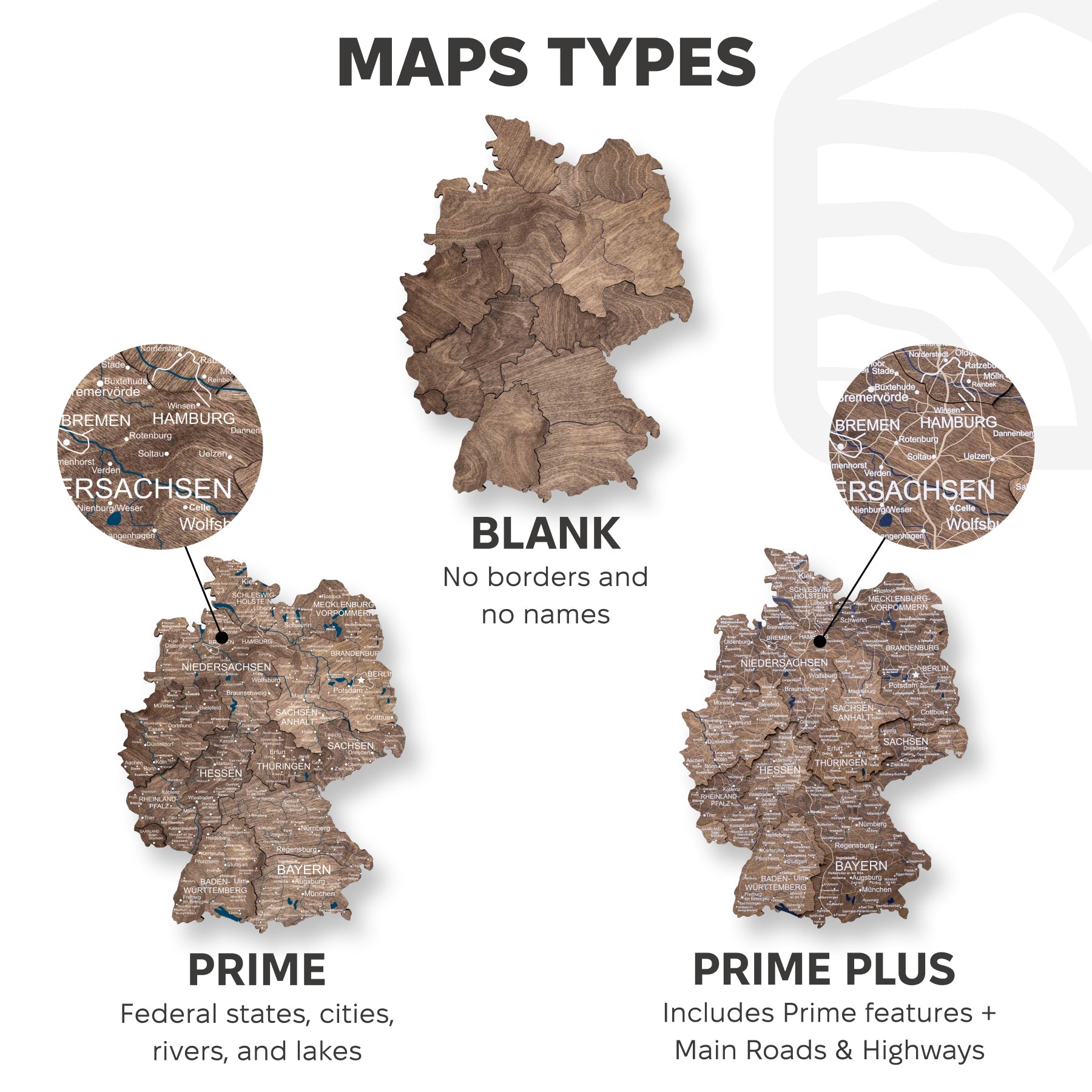 3D Germany Wooden Map in Dark Walnut - Detailed Wall Decor
