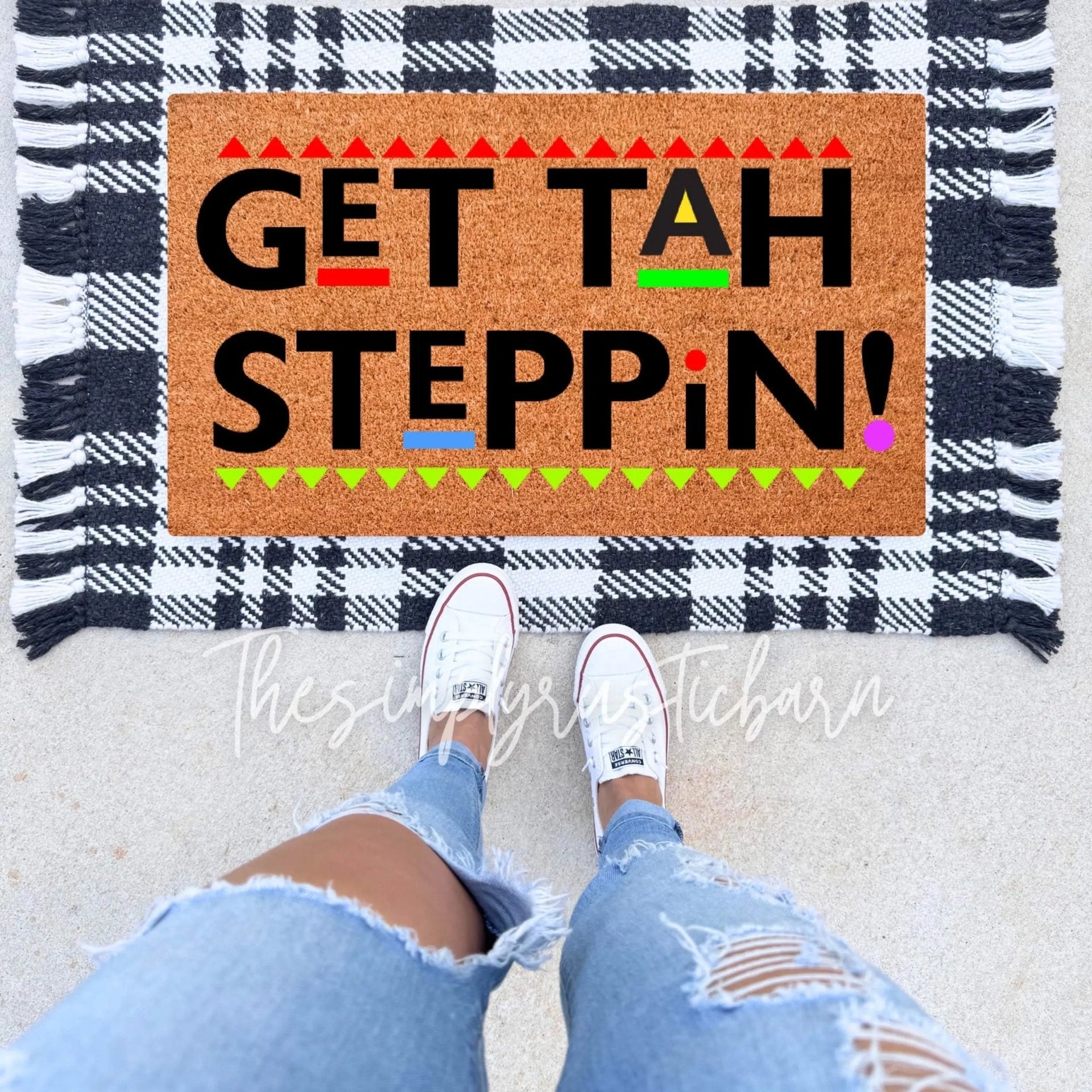 Get Tah Steppin doormat with natural coir texture on a farmhouse porch