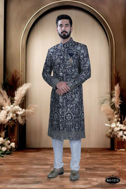 Boys blue and pink embroidered kurta pyjama set with sequence work