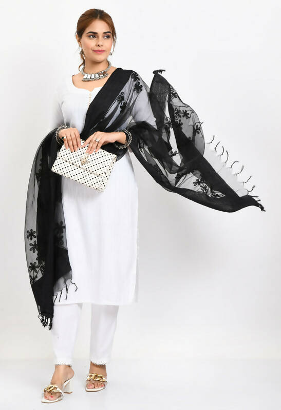 Black Organza Dupatta with All Over Chikan Embroidery Work