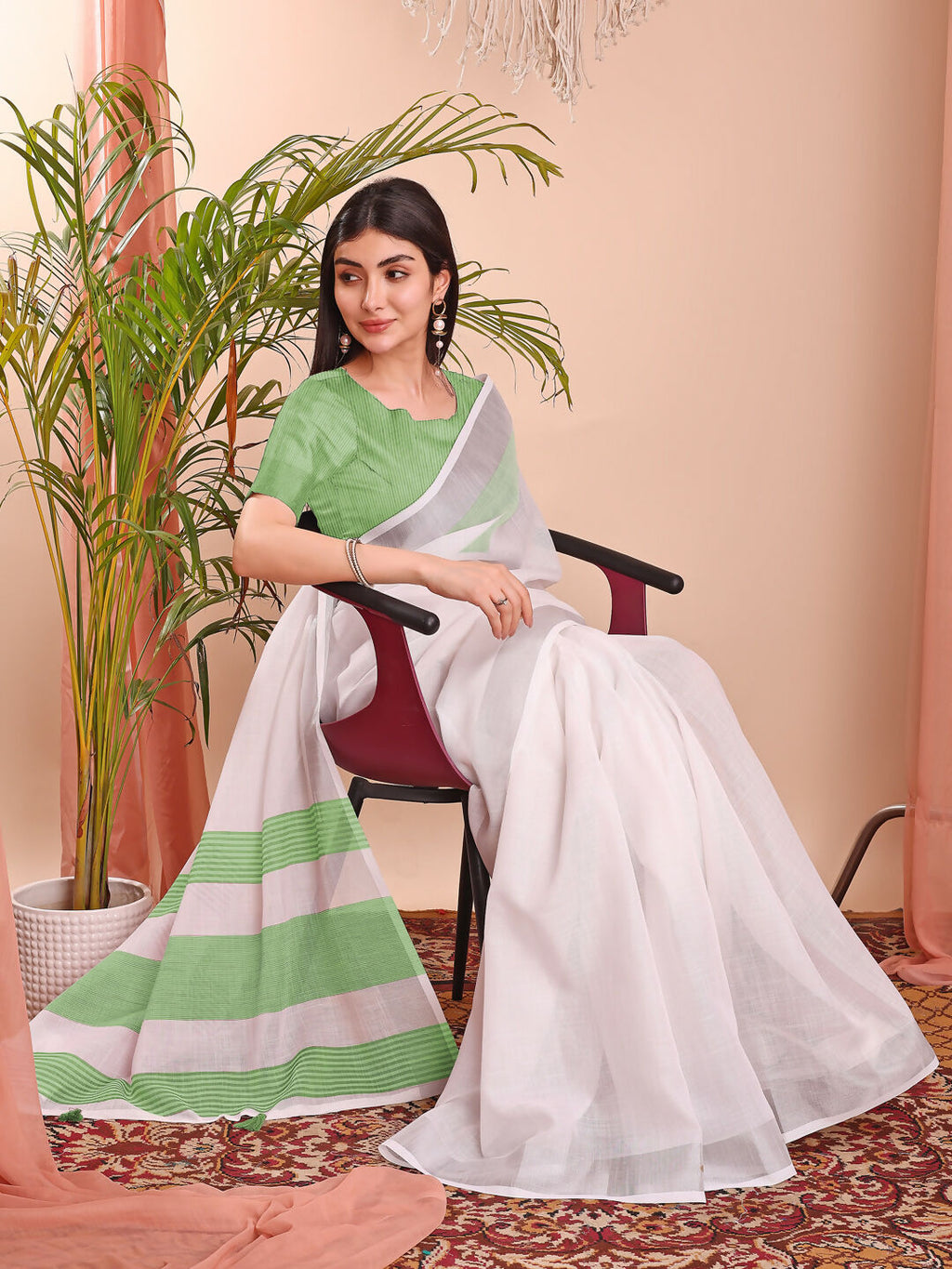 The White Loom White Linen Cotton Saree with Matching Blouse