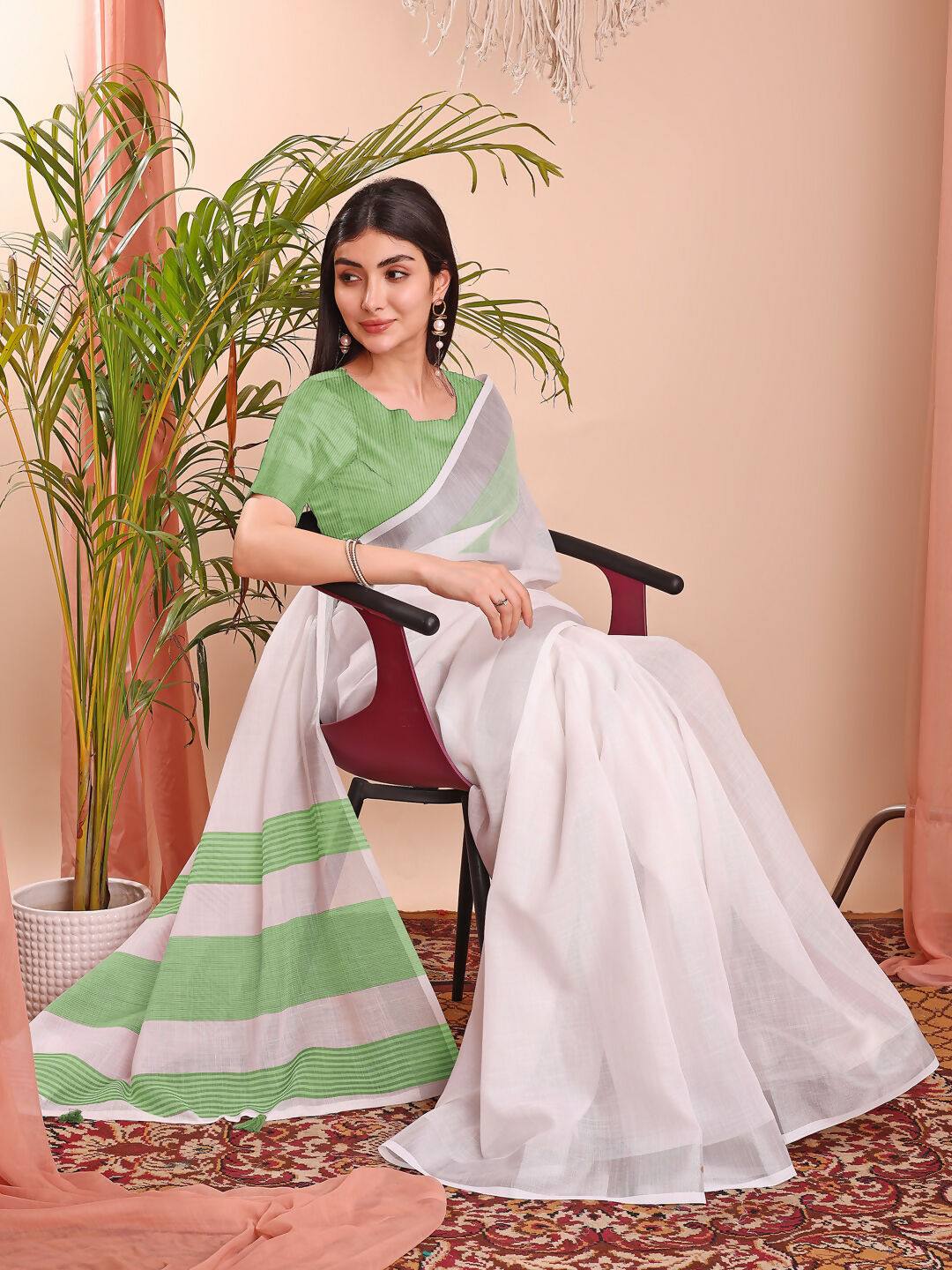 The White Loom White Linen Cotton Saree with Matching Blouse
