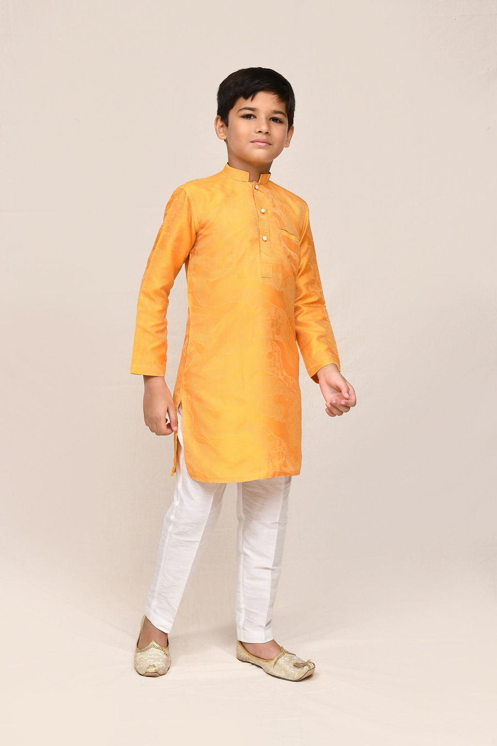 Vibrant yellow pure silk kurta set with white straight-fit pants