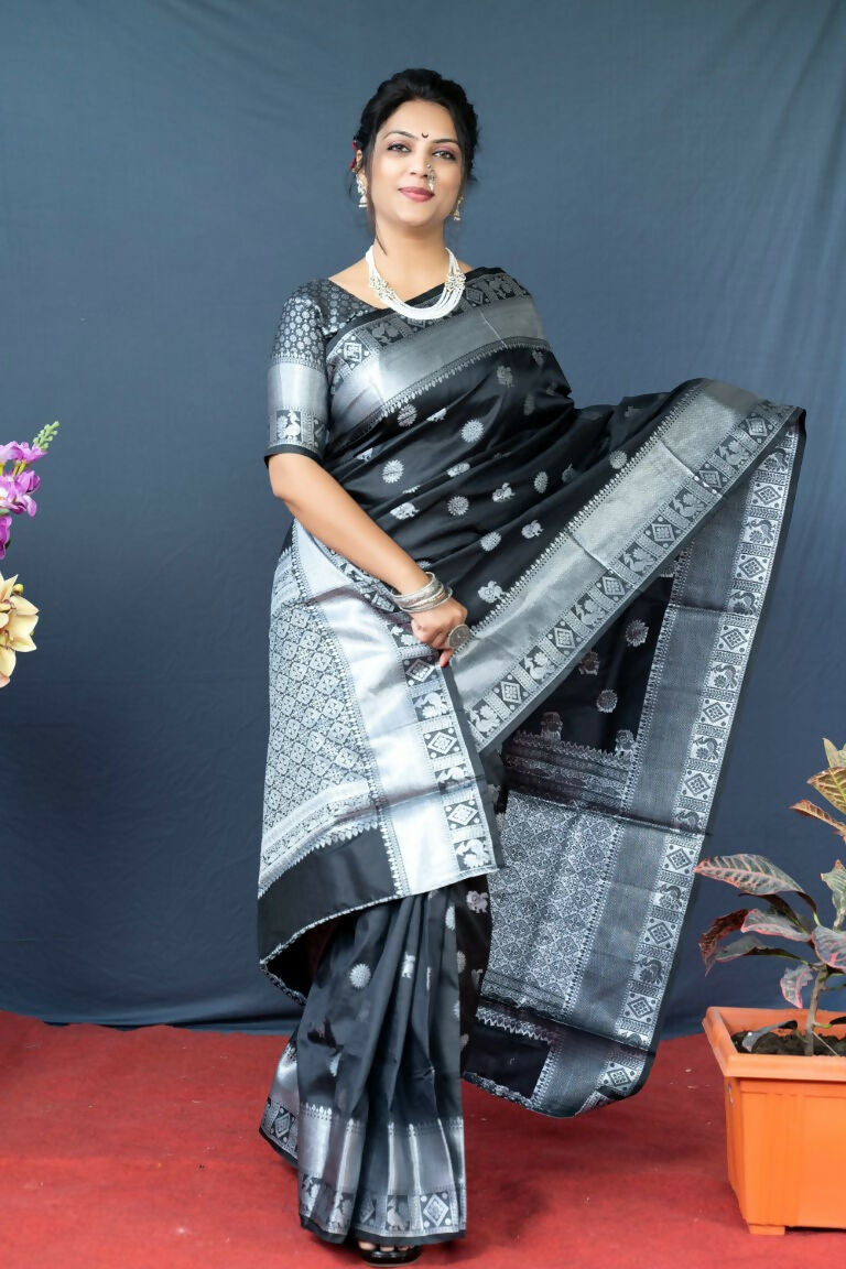 Black Soft Banarasi Silk Saree with Zari Woven Border and Blouse