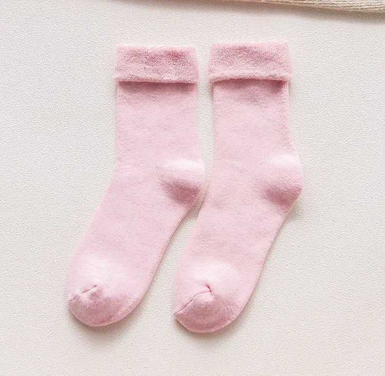 Pair of thick cotton thermal crew socks in solid light pink and grey colors.