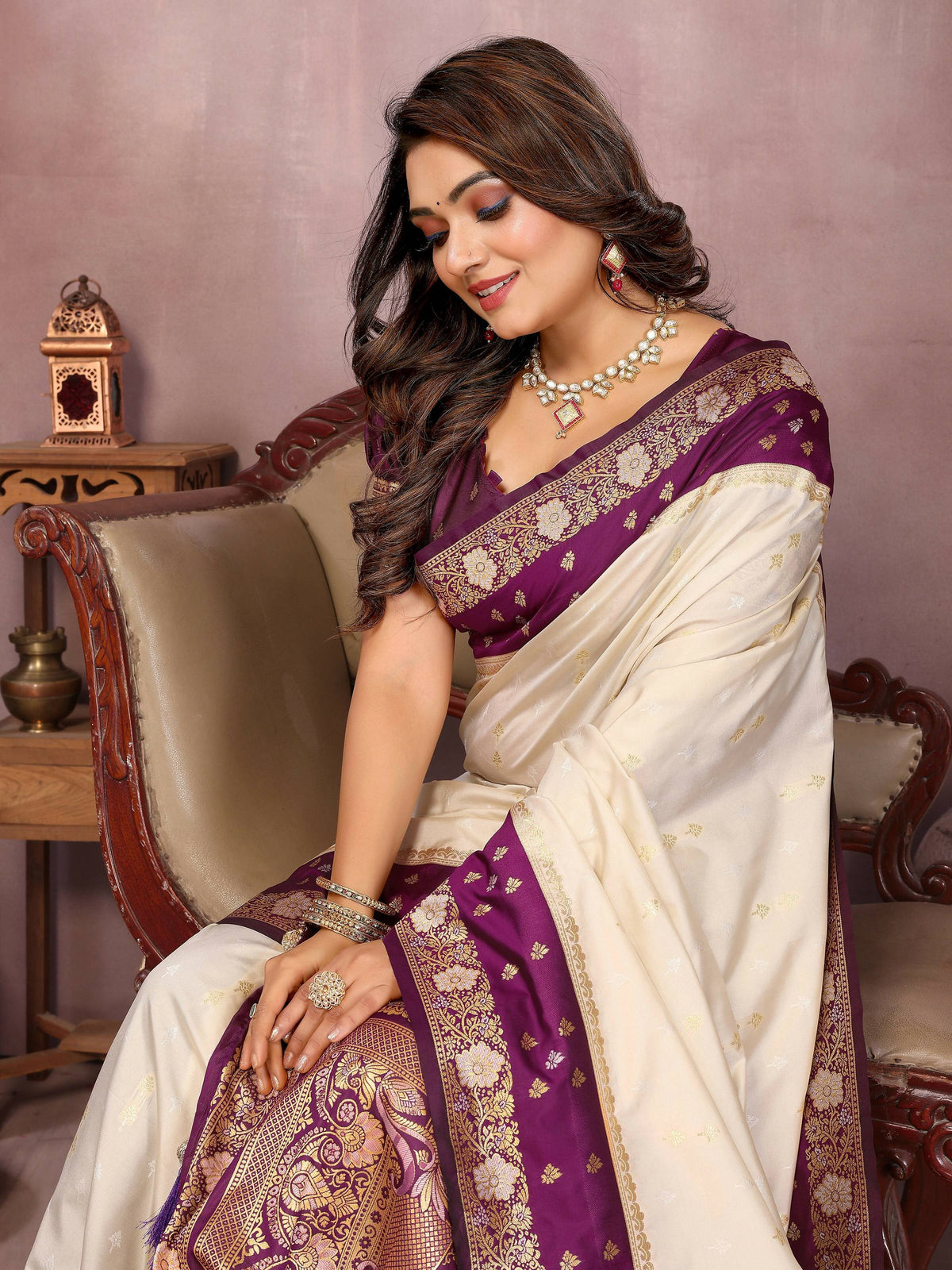 Cream Kalamkari Silk Saree with Elegant Zari Woven Border