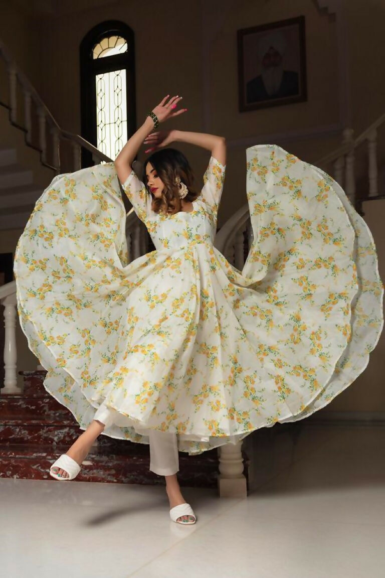 Mehendi Floral Digital Printed Chanderi A-Line Kurta Set