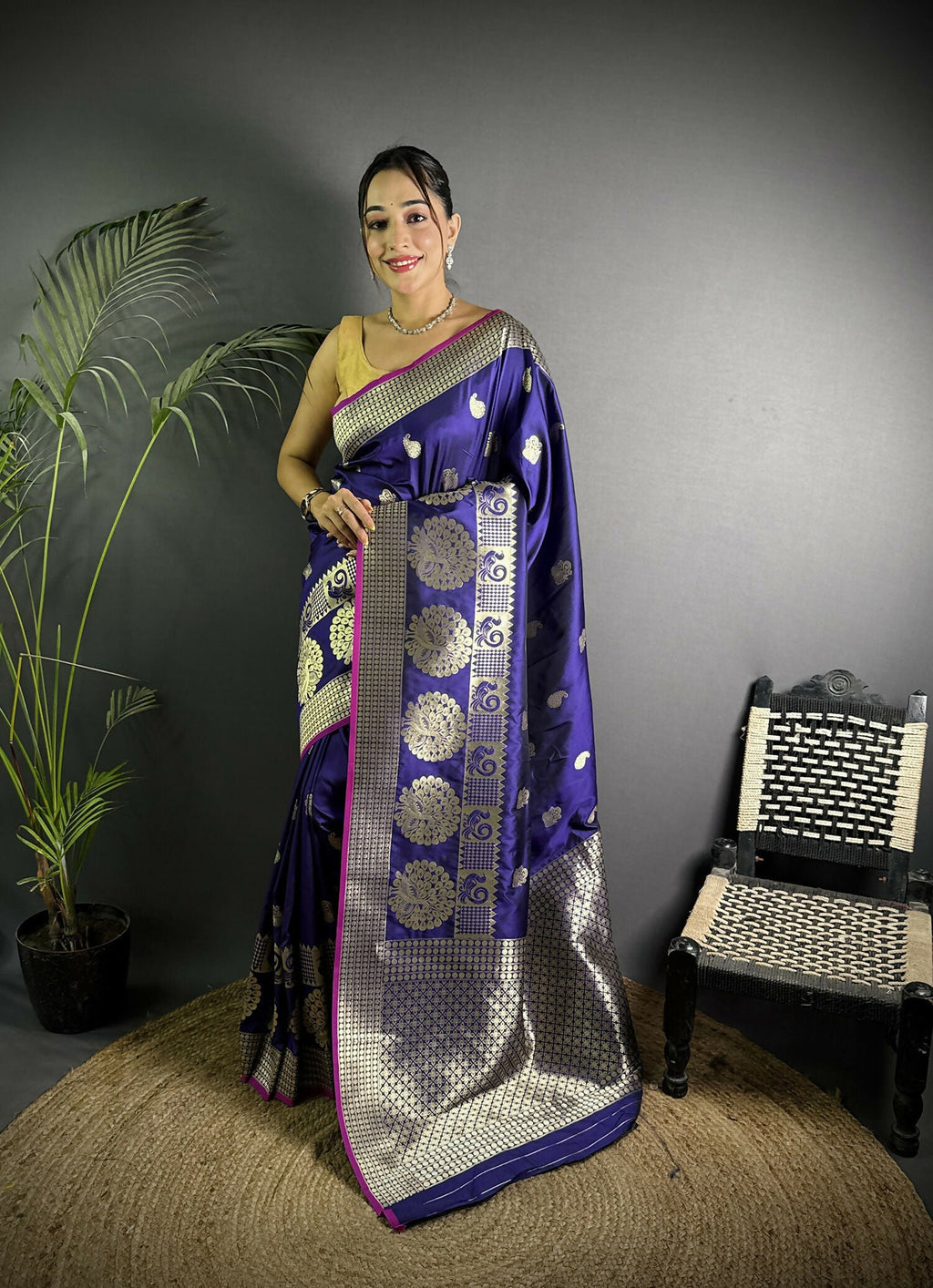 Purple Banarasi soft lichi silk saree with traditional paisley pattern