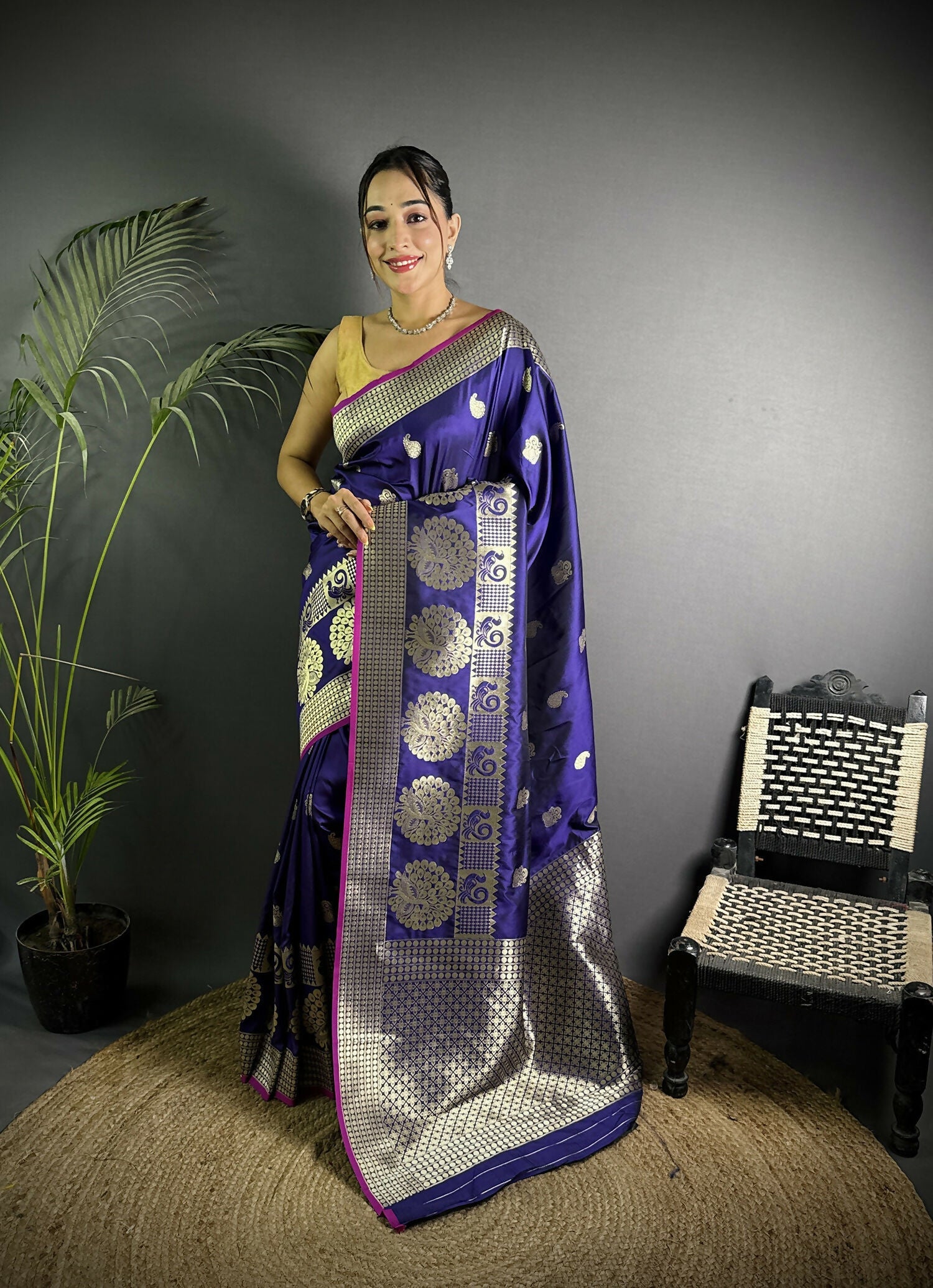 Purple Banarasi soft lichi silk saree with traditional paisley pattern