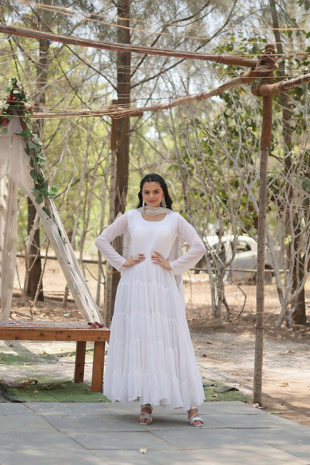 White Georgette kurta set featuring elegant sequence embroidery and a soft inner lining.