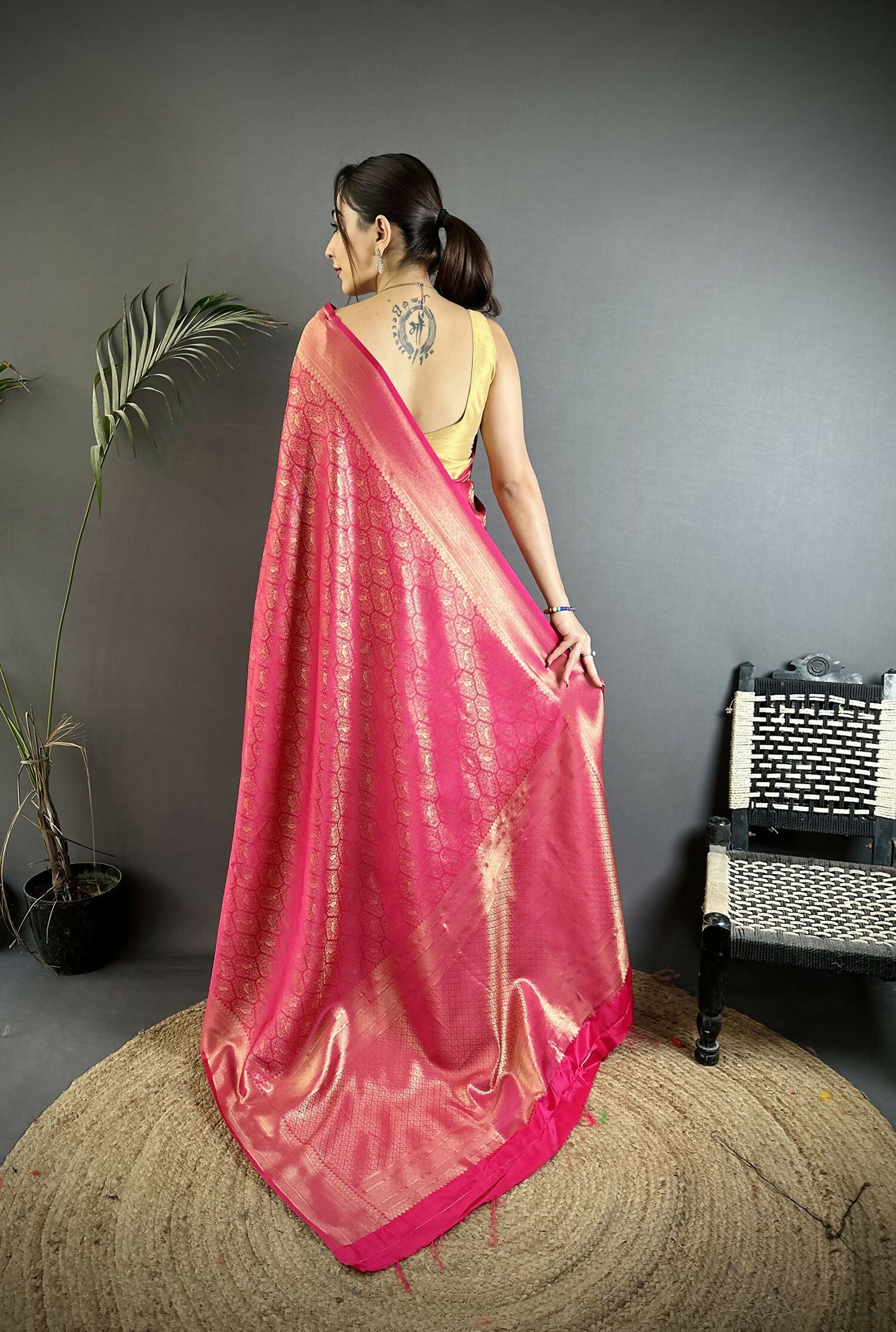 Rani Pink Banarasi Silk Saree with Paisley and Floral Motifs
