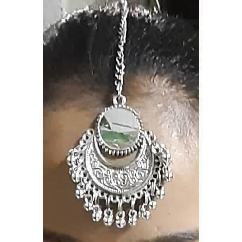 Traditional Oxidized Silver Maang Tikka with delicate drop details for ethnic hair styling