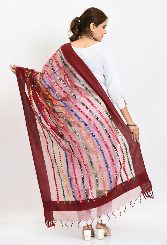 Maroon Organza Dupatta with Multi-Thread and Mirror Work