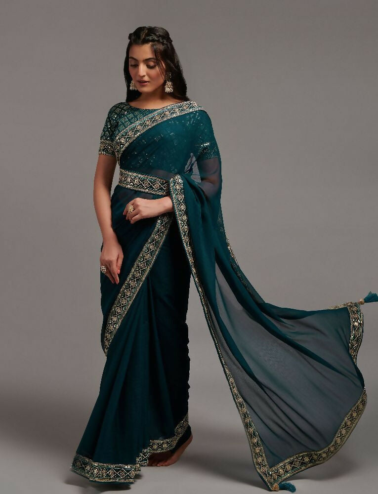 Petrol Blue Zometo Embroidery Lace Saree with Gold Accents